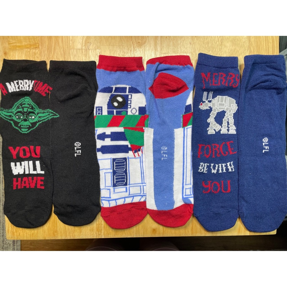 Star Wars Holiday Socks 3 Pair Yoda R2D2 AT-AT Christmas LFL Novelty